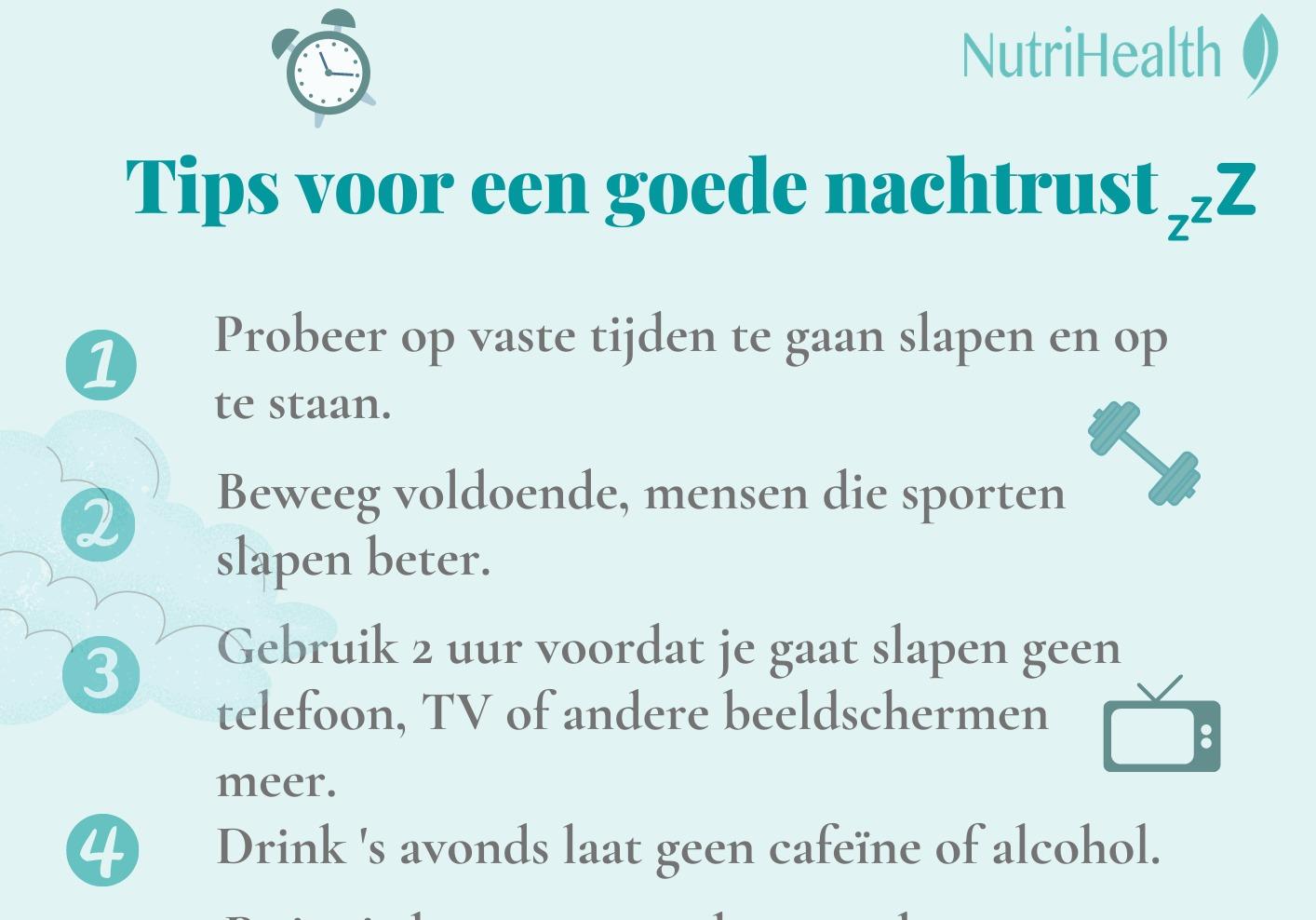 Infographic van NutriHealth met genummerde tips voor een goede nachtrust