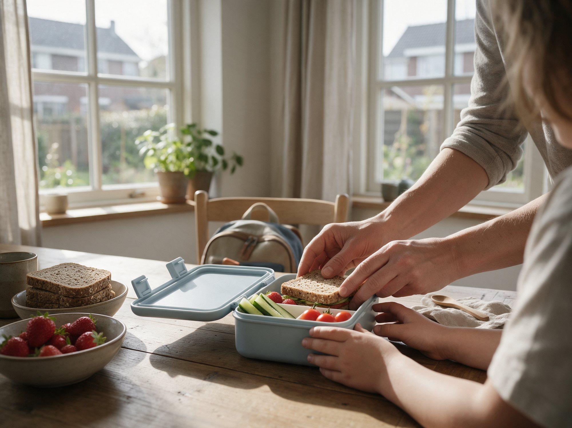 Ouder en kind vullen samen een lunchtrommel met volkorenbrood, komkommer, tomaatjes en aardbeien