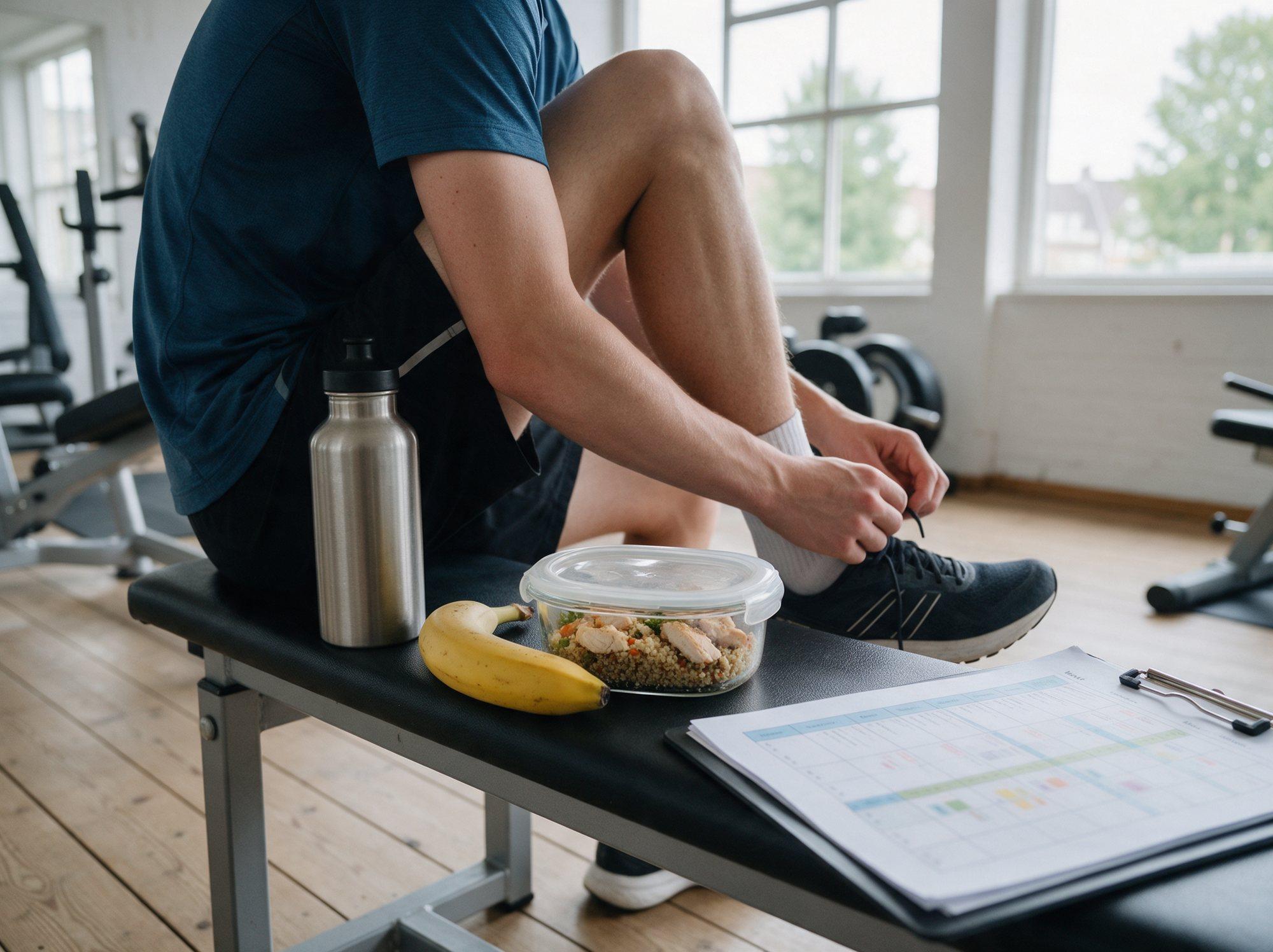 Bowl met kip, quinoa, groenten en avocado naast een dumbbell en een banaan