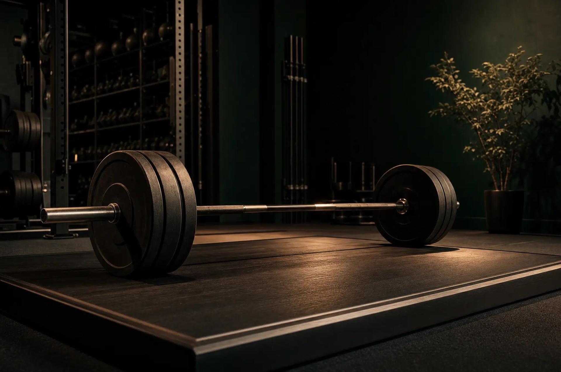 Een privé krachttrainingsstudio met halterstang in warm licht