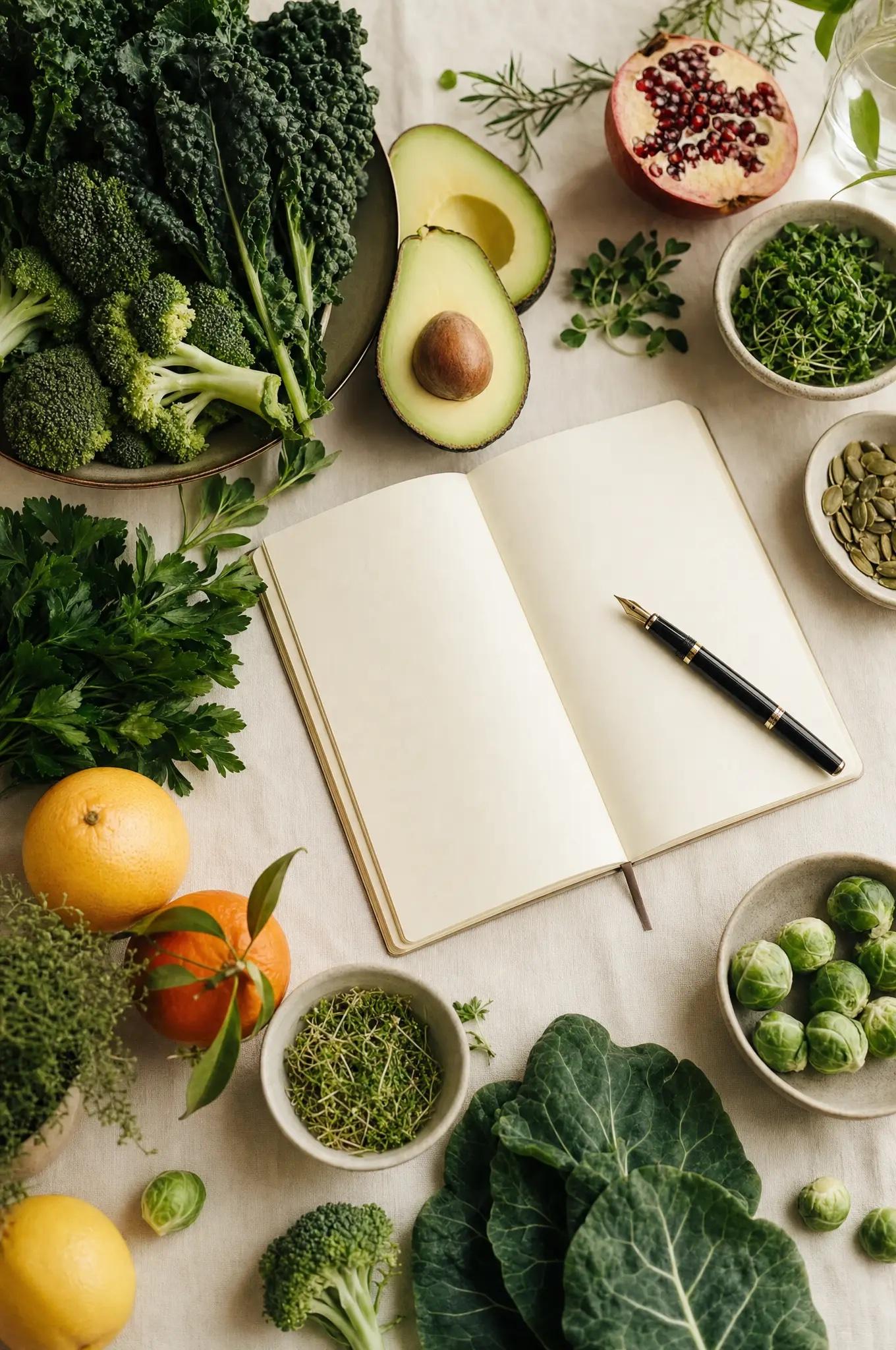 Verse groenten, fruit en een notitieboek, persoonlijk voedingsadvies