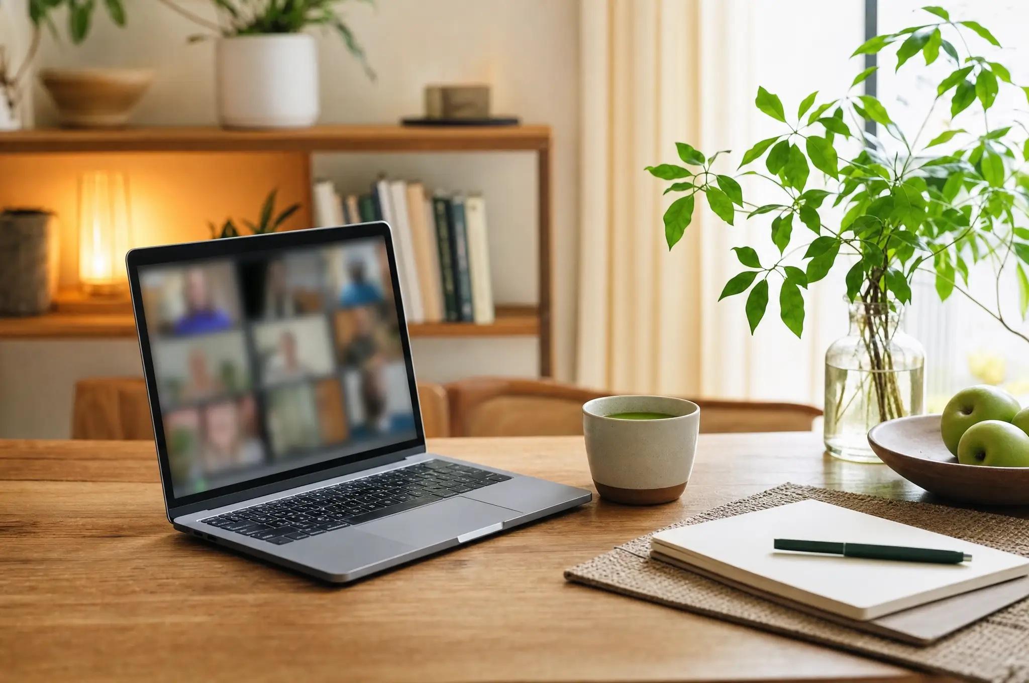 Een online consult met de diëtist: laptop, thee en notitieboek op tafel