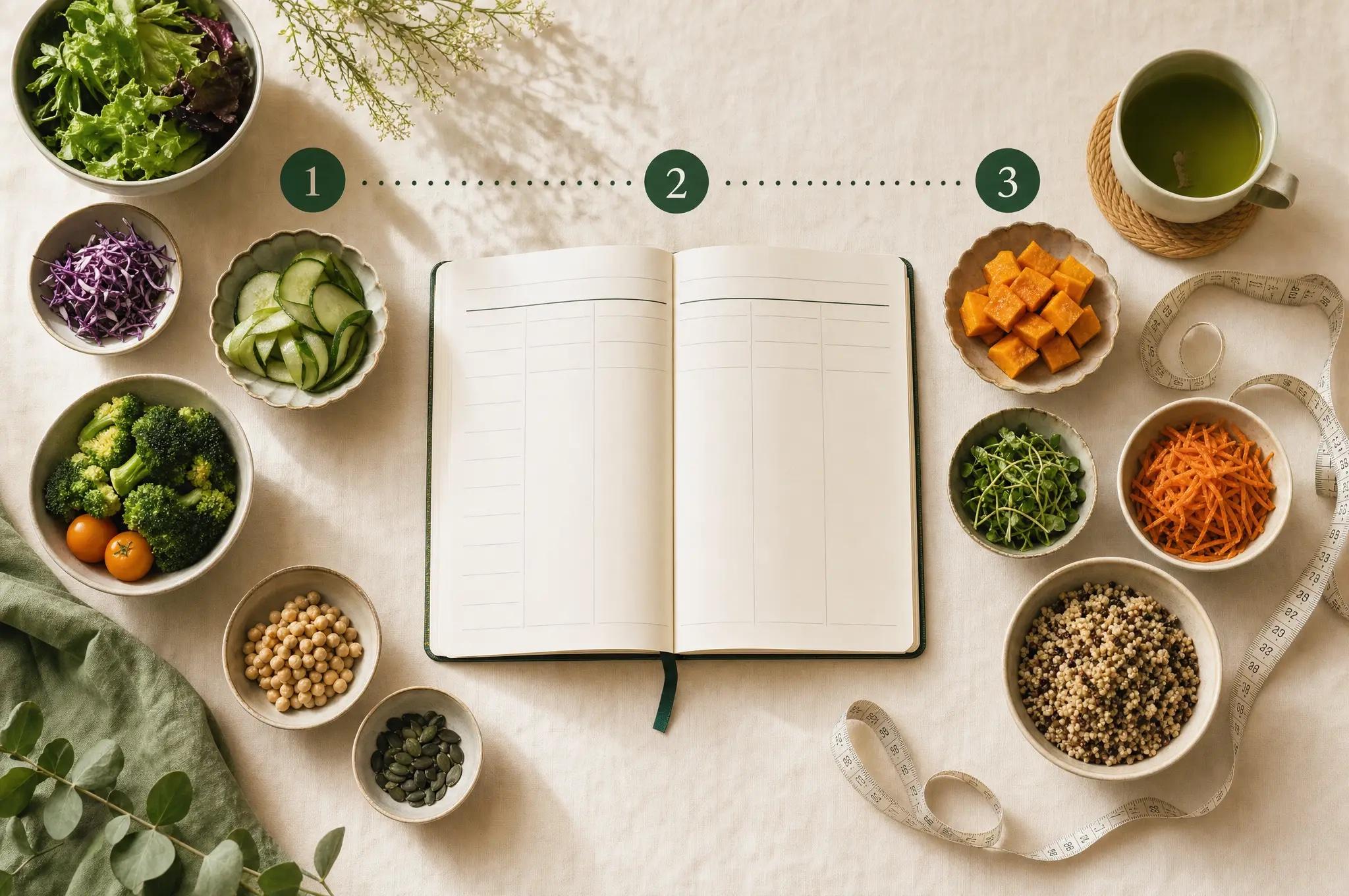 Een weekmenu-journal met schaaltjes verse groenten en een meetlint, in drie stappen